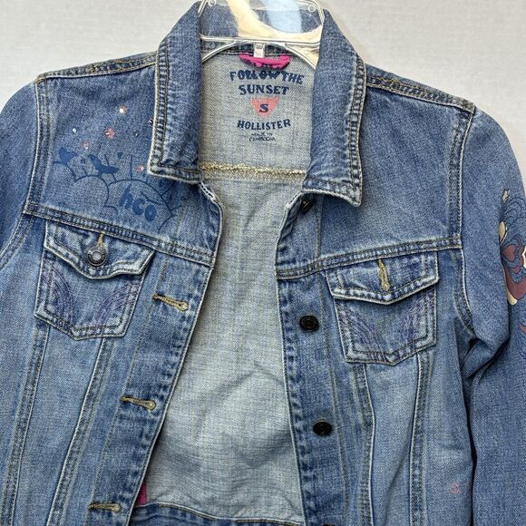 Hollister Y2K Denim Jacket Distressed Graffiti Women’s Small - Picture 2 of 11
